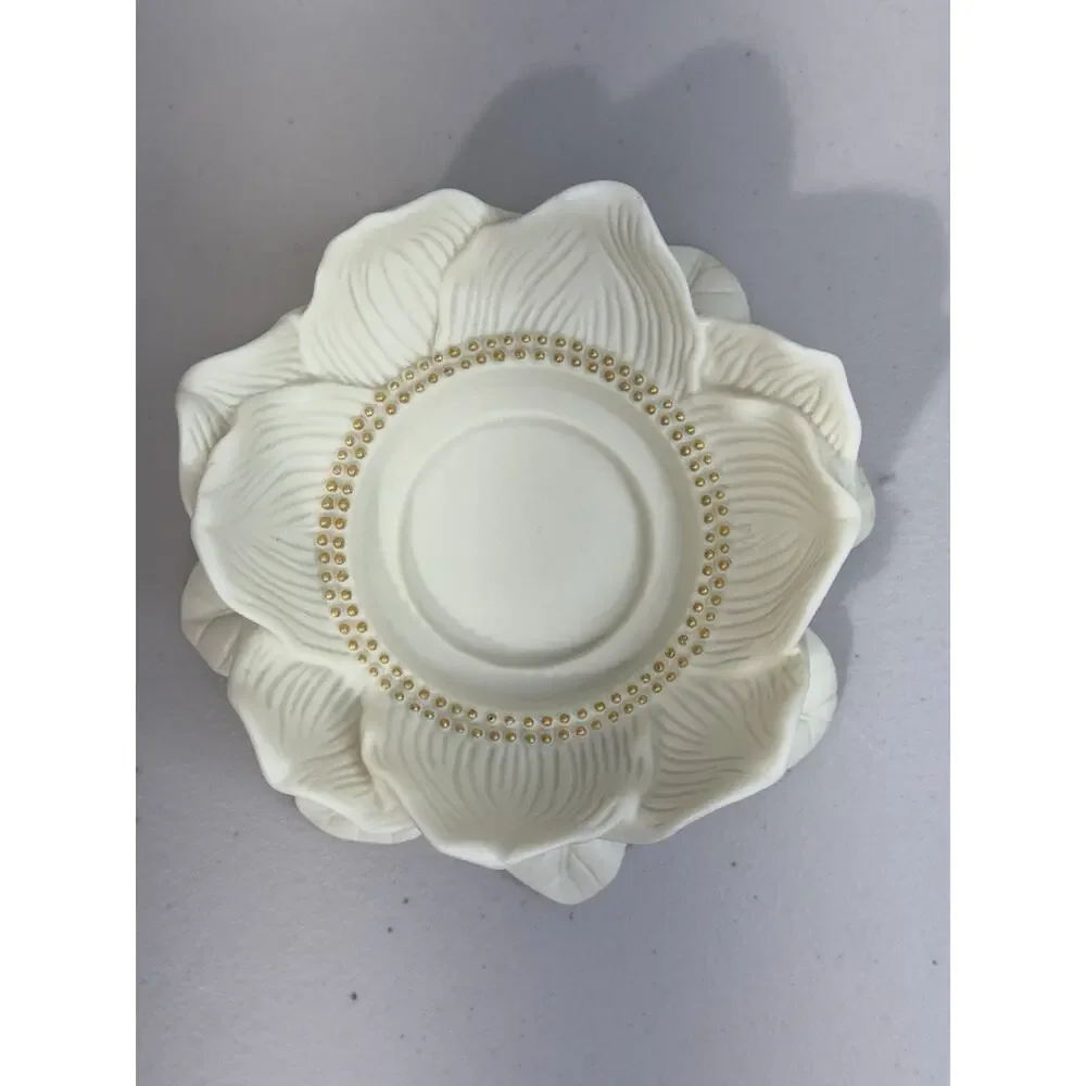 PartyLite Bisque Porcelain Magnolia Lotus Blossom Pillar Candle Holder Gold Bead - Picture 4 of 8